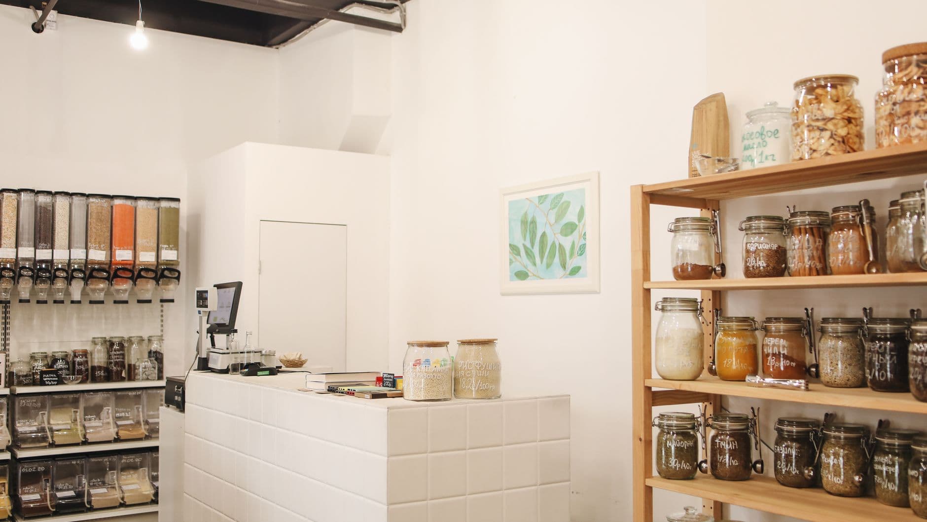 The inside of a small shop in daylight, with a plain counter and wooden shelves of goods along the wall