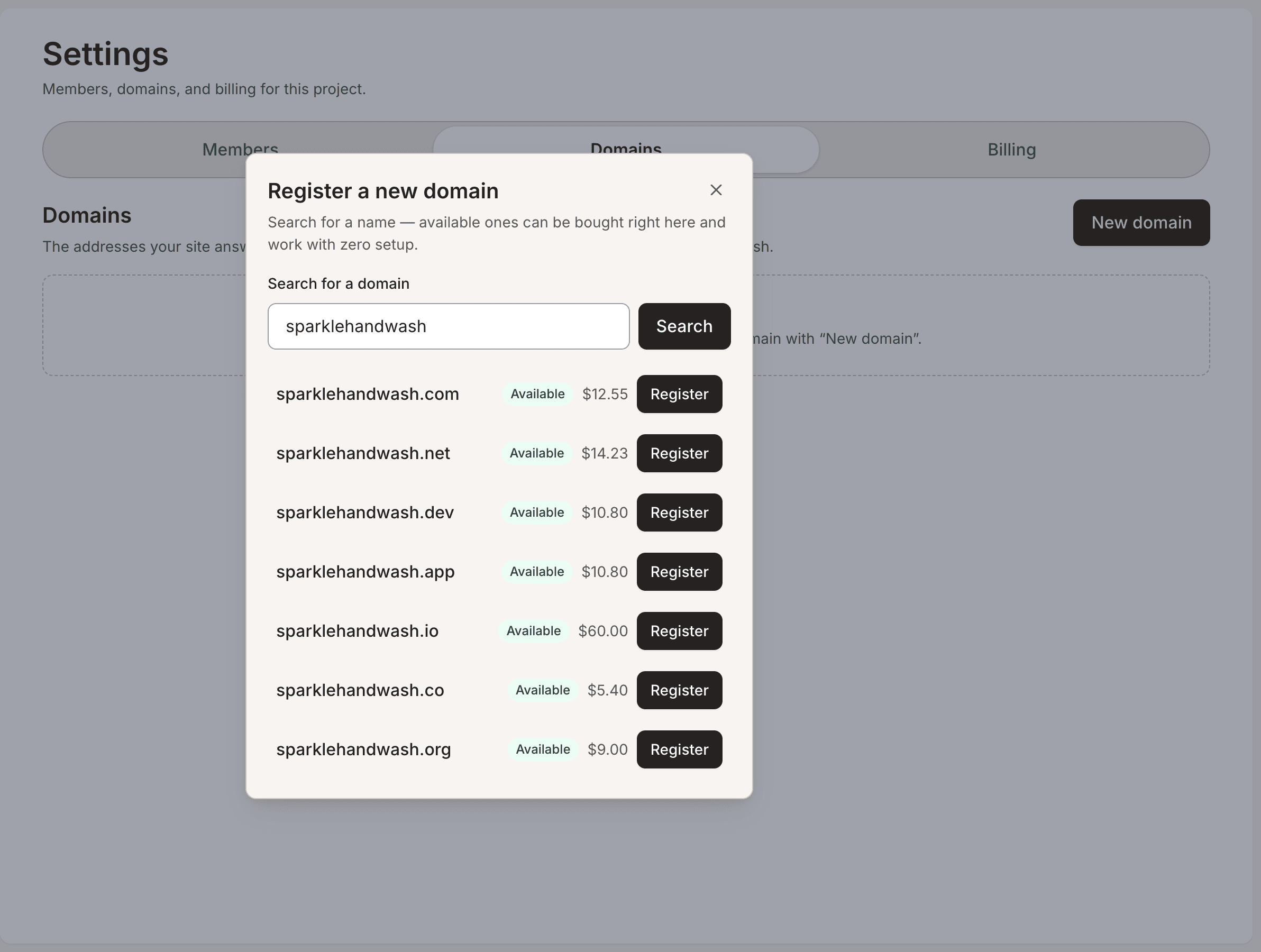 The domains screen, showing a name attached to a site