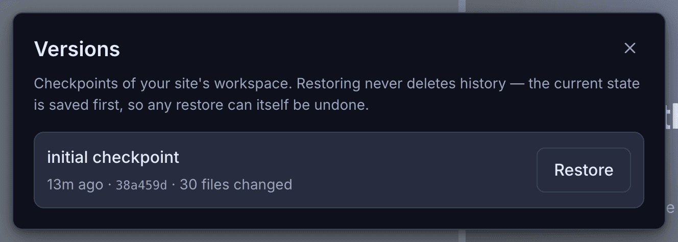 The version history list, each entry offering a restore