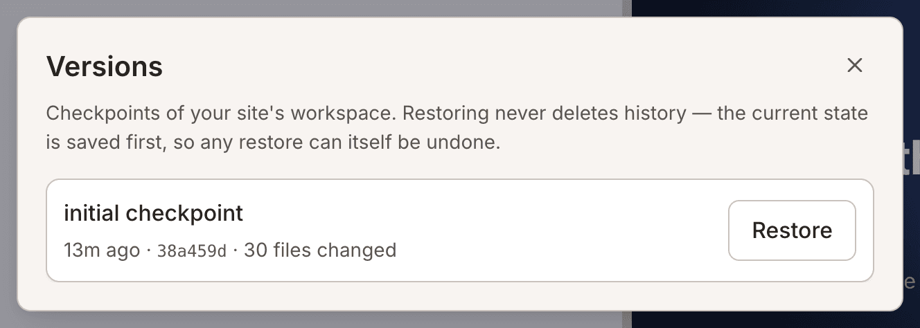 The version history list, each entry offering a restore