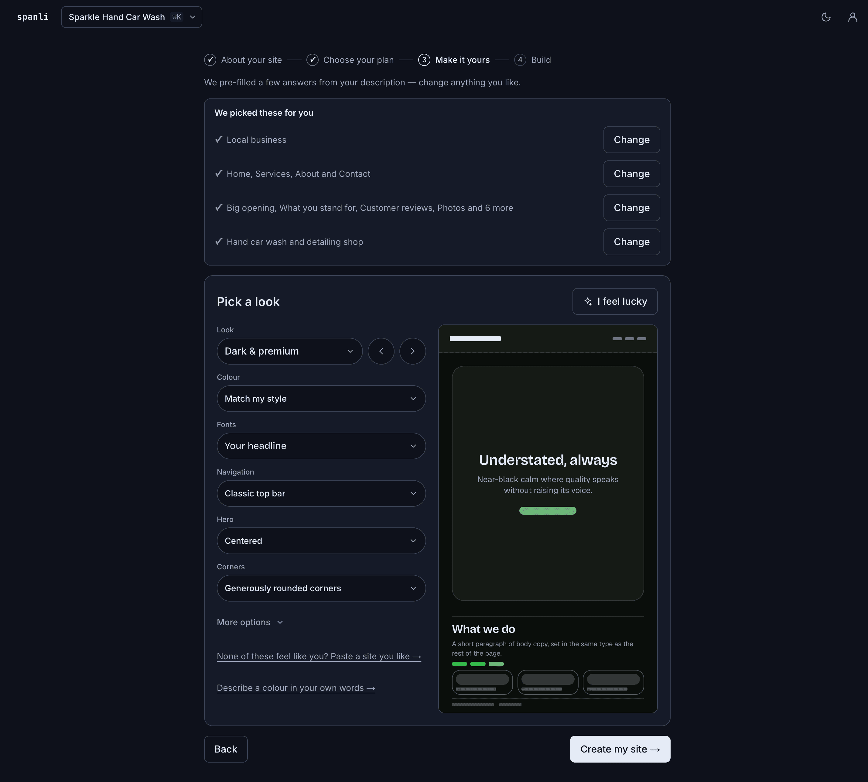 The design step: dials for colour and type beside a live preview of the site