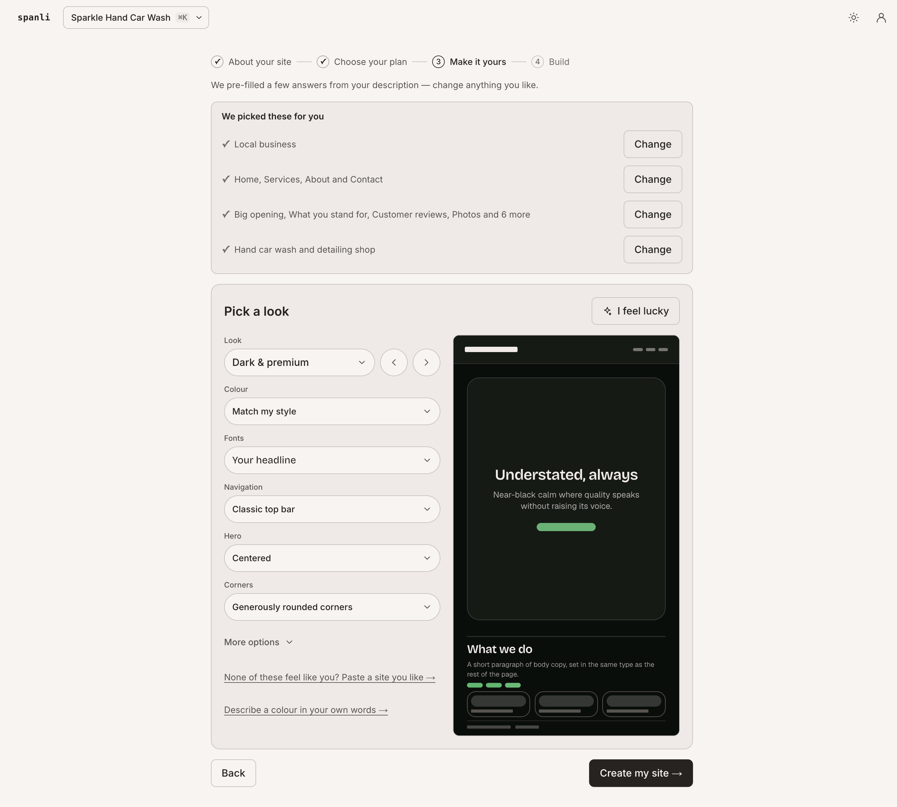 The design step: dials for colour and type beside a live preview of the site