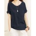 Solid Pocket Roll Short Sleeve Round Neck Casual Blouse