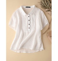 Solid Patchwork Button Lapel Short Sleeve Casual Blouse