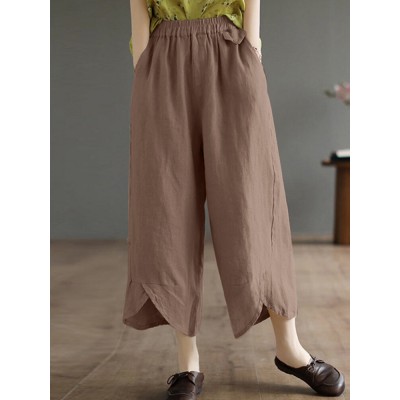 Solid Asymmetrical Hem Pocket Wide Leg Crop Pants