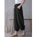 Solid Elastic Waist Drawstring Pocket Cotton Casual Pants