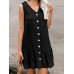 Cotton Solid Button Ruffle Sleeveless V Neck Casual Dress