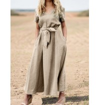 Solid Pocket Sash Short Sleeve Cotton Casual Maxi Dress