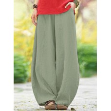 Solid Pocket Elastic Waist Cotton Casual Pants